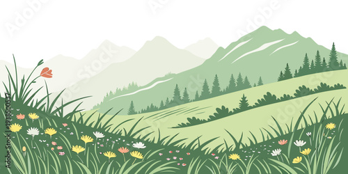 A picturesque landscape of rolling green hills and a winding river under a clear blue sky. Vector