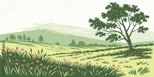 A serene landscape of a tree standing tall in a field of golden wheat under a clear blue sky. Vector