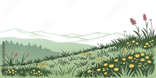 A peaceful countryside scene with a winding path and vibrant wildflowers Vector