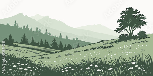 A serene landscape of rolling hills and lush greenery under a clear blue sky Vector