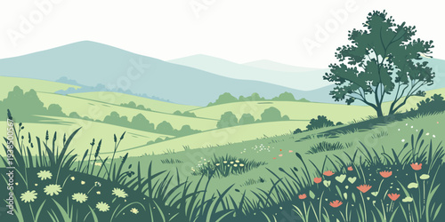 A serene landscape of a lush green valley with wildflowers and distant mountains Vector