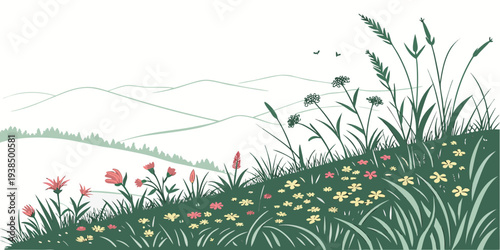 A serene landscape of grassy hills with a distant horizon under a clear sky Vector