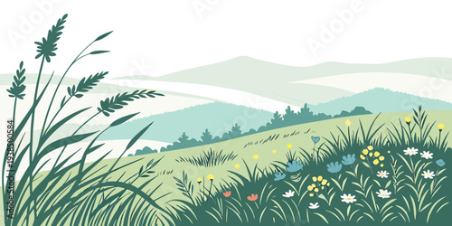 A serene landscape painting of a vast meadow with wildflowers and rolling hills under a clear sky. Vector