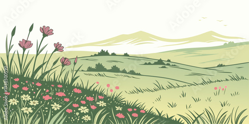 A serene landscape painting of wildflowers in a vast green field with rolling hills in the distance Vector