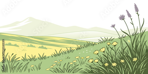 A serene landscape of rolling hills and open fields under a clear sky Vector