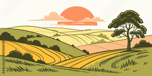 A serene landscape with a vibrant sunset and rolling hills in the countryside Vector