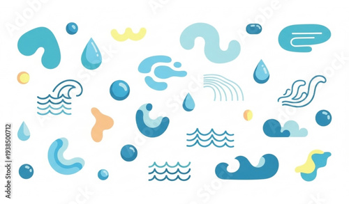 Abstract water waves and liquid splashes vector set with nautical flowing patterns for  design