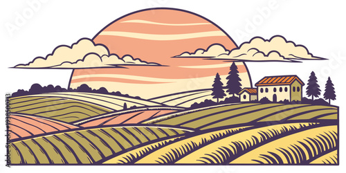 A picturesque landscape of rolling hills and a serene sunset over a farm Vector