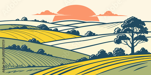 A picturesque landscape of rolling hills and a serene sunset over a rural countryside Vector