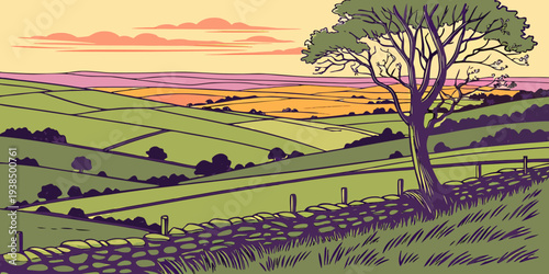 A serene countryside landscape with a vibrant sunset and rolling hills Vector