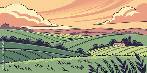 A serene landscape with birds flying over a vast green valley at sunset Vector