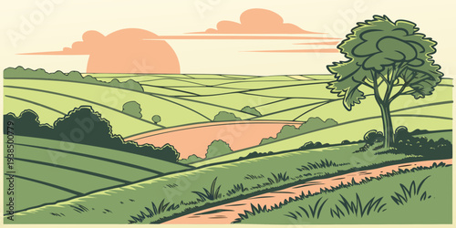 A picturesque countryside landscape with rolling hills and a winding river. Vector