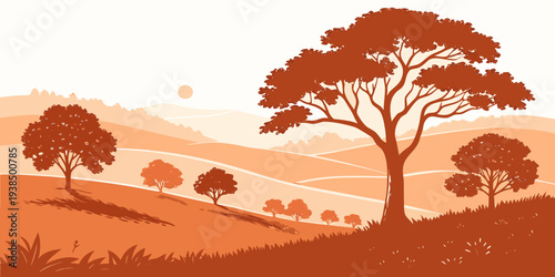 A serene landscape of trees and rolling hills under a clear sky Vector
