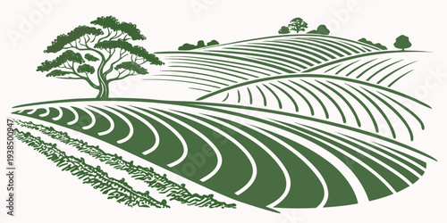 A serene landscape featuring rolling hills and a winding path with trees and grass Vector