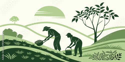 A serene landscape with animals grazing under a clear blue sky and lush green trees. Vector