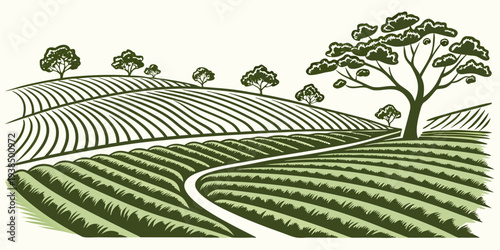 A serene landscape featuring rolling hills and a winding path through a lush green field Vector