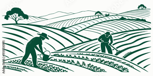 A detailed illustration of three individuals working in a field with farming tools. Vector