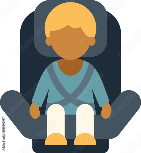 Child buckled into a dark blue car seat, ensuring safety during travel