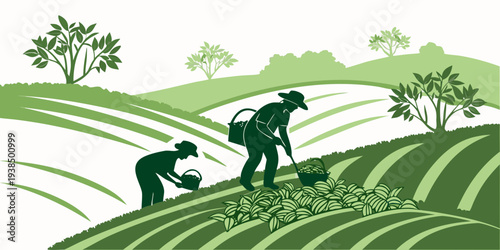 Farmers working together in a vast field of crops under a blue sky. Vector