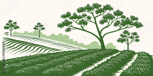 A serene landscape with a winding path through a lush forest. Vector