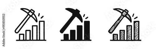 Pickaxe and bar chart data mining icon set. Resource extraction, analysis, and business growth concept.