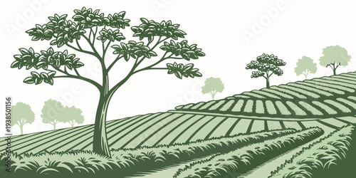 A serene landscape of trees and fields under a clear blue sky Vector