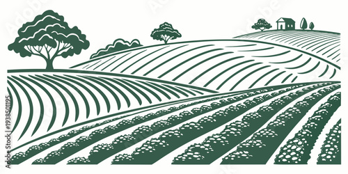 A serene landscape featuring a vast field of crops under a clear blue sky. Vector