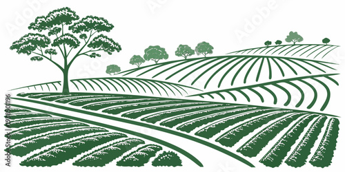 A serene landscape featuring rolling hills covered in lush green vegetation. Vector