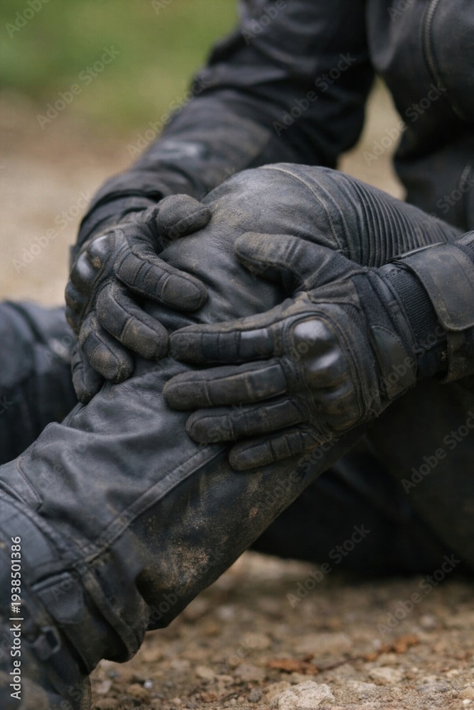 Fototapeta premium Motorcyclist in black leather gear sits on dirt ground holding an injured knee. The scene conveys pain and misfortune after a crash. Ideal for road safety or insurance content.