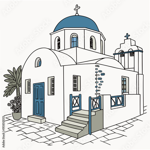 A serene greek orthodox church with blue domes and white walls Vector