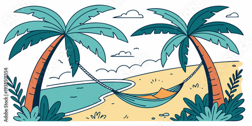 Tropical beach scene with palm trees and a clear blue sky Vector
