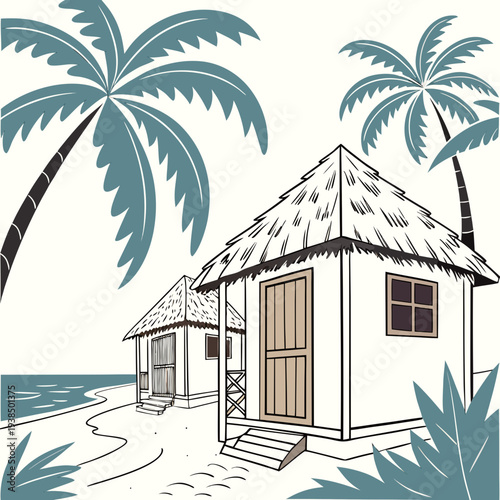 A serene beach hut surrounded by palm trees and gentle waves Vector