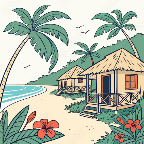 A serene tropical beach hut nestled among palm trees and vibrant flowers. Vector