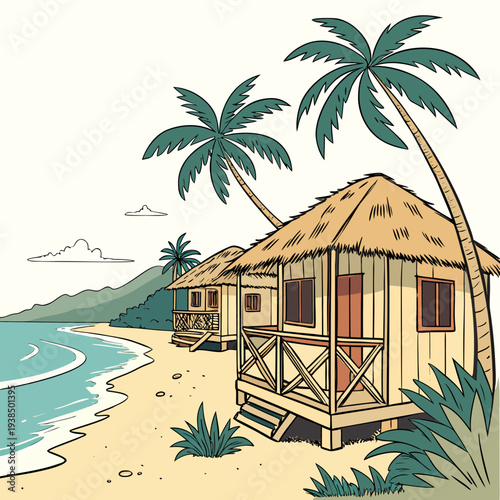 A serene tropical beach hut overlooking the calm ocean waters. Vector