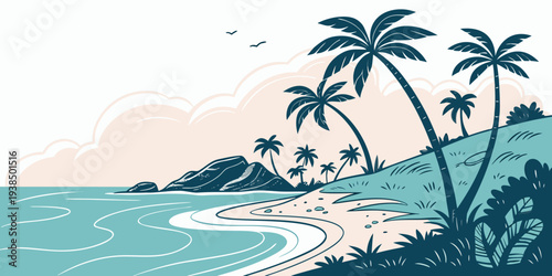 A serene tropical beach with palm trees and a clear blue sky. Vector