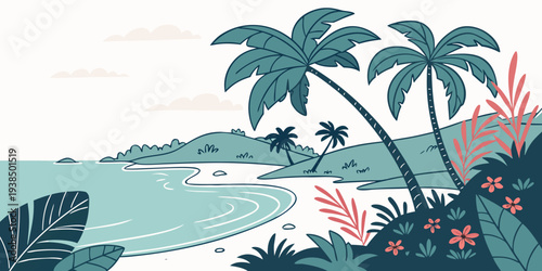 Serene tropical beach with palm trees and calm blue waters Vector