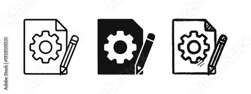 Document settings and content creation icon set, file customization and writing process symbol with multiple styles.