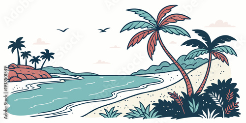 A serene tropical beach scene with palm trees and a small island in the distance. Vector