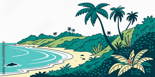 Tropical beach paradise with palm trees and clear blue waters Vector