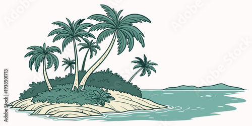 A serene tropical island with palm trees and a small beach. Vector