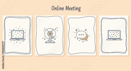 Online Meeting Concept - Laptop, Webcam, Chat Bubble Icons on Beige Background
