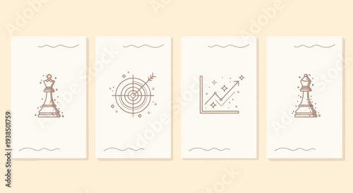 Business Strategy Icons: Chess King, Target, Growth Chart, Chess Bishop