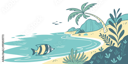 A serene tropical beach scene with palm trees and clear blue waters Vector