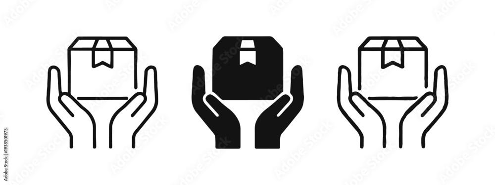 Εκτύπωση καμβά Package delivery and hands holding box icon set, logistics and careful shipping symbol with multiple styles