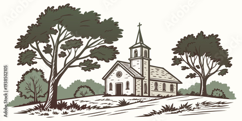 A quaint church nestled in a serene countryside surrounded by lush trees and a peaceful atmosphere Vector
