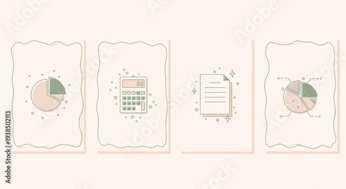 Financial Data Analysis: Pie Charts, Calculator, Document Icons on Cream Background