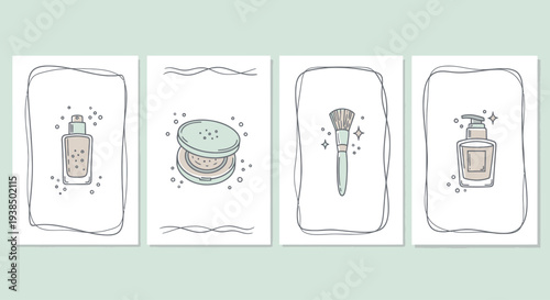 Hand-drawn makeup illustrations: foundation, powder, brush, serum in frames