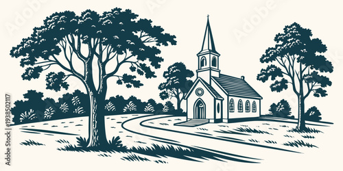 A serene countryside scene with a church and a large tree in the background. Vector