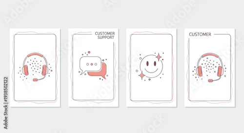 Customer Support Icons: Headset, Chat Bubble and Smiley Face on White Background