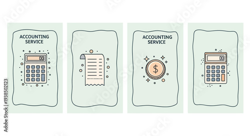 Financial Accounting Services: Calculators, Receipt, and Coin Icons on Pastel Background